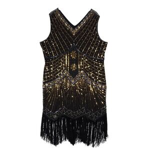 Babeyond Womens 5XL Black Gold Sequin Fringe Flapper Dress Art Deco Gatsby Party